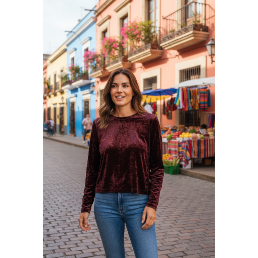 Carreau Burgundy Stretch Velvet Long Sleeve Top Sz S